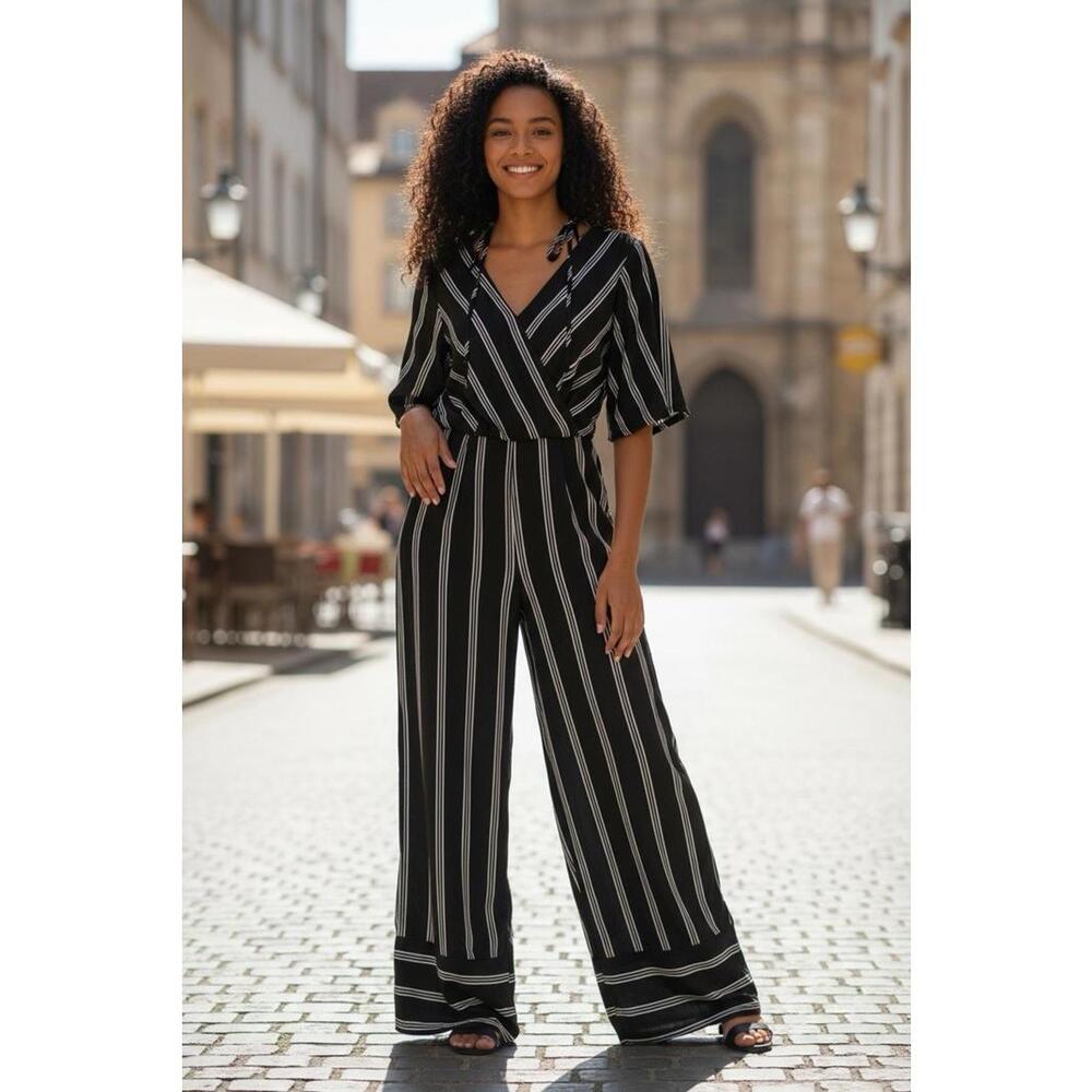 Trixxi Wide Leg XXL Women’s Jumpsuit Black White Striped